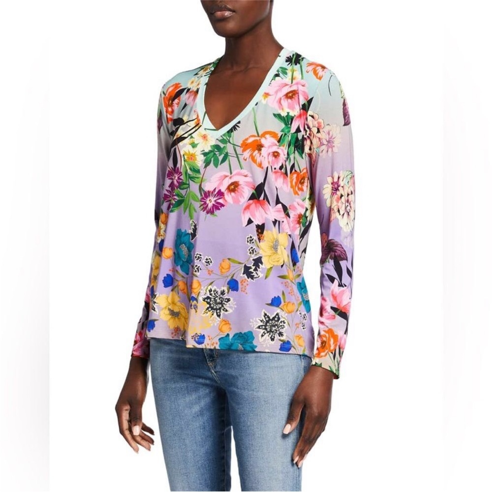 Johnny Was Floral Garden Bamboo Vneck Long Sleeve Tee
